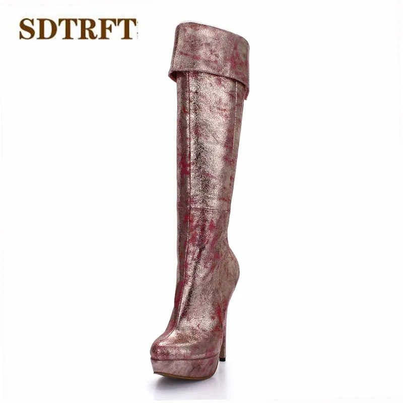 

SDTRFT Stilettos 14cm thin heeled Motorcycle Knee-High boots platforms shoes Woman Botas Patent Leather Punk pumps Plus:35-40
