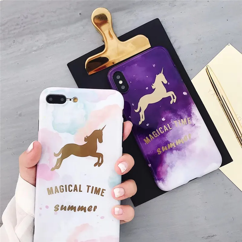 Unicorn Plated Glossy Phone Case For Apple iphone 7 8 X 6 Plus Soft Smooth Patterned Rendering Plastic Black Edge Cover Coque |