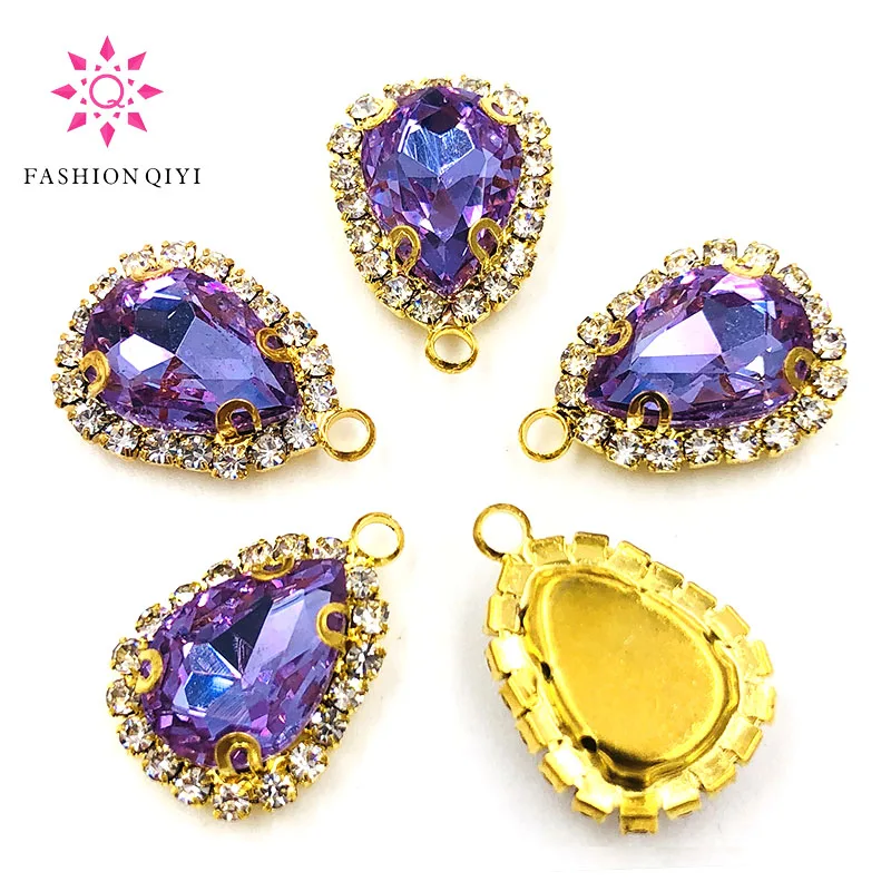 10 штук упак. 10X14 мм Золотое дно кристально-Фиолетовое каплевидное одиночное отверстие Хрустальная Кнопка Высокое качество пришить стразы DiyClothes