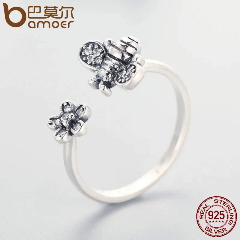 BAMOER,, 925 пробы, серебряное, милое, Пчела и поэтическое, цветок маргаритки, открытый палец, кольцо для женщин, Стерлинговое Серебро, ювелирное изделие SCR086