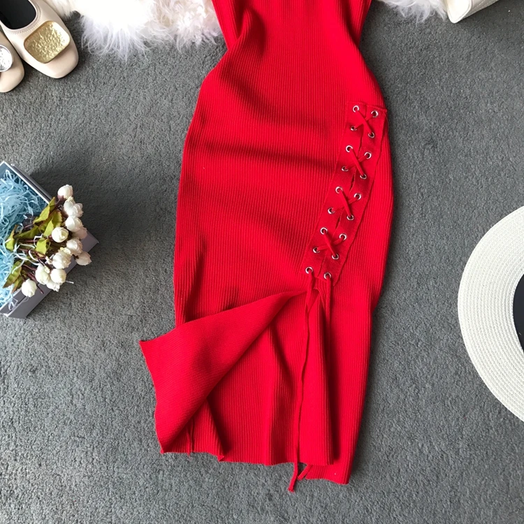 ALPHALMODA винтажное вязаное платье без рукавов осеннее узкое облегающее трикотажное платье на шнуровке