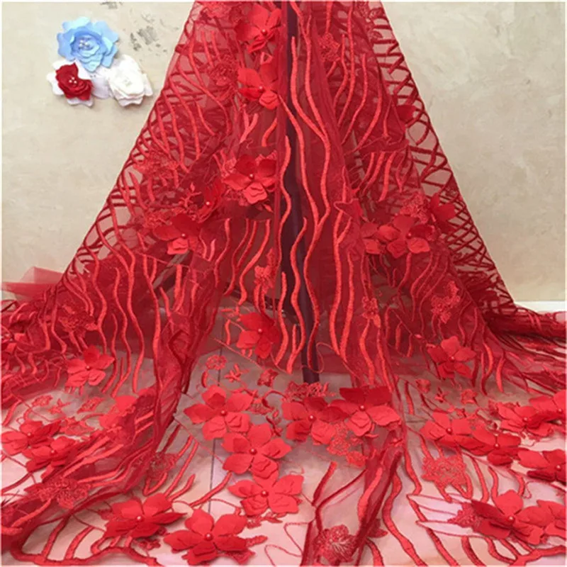 Latest French Nigerian 3D Flower Net Laces Fabrics 2019 High Quality Tulle Lace Material African Beaded Mesh Fabric pink | Дом и сад