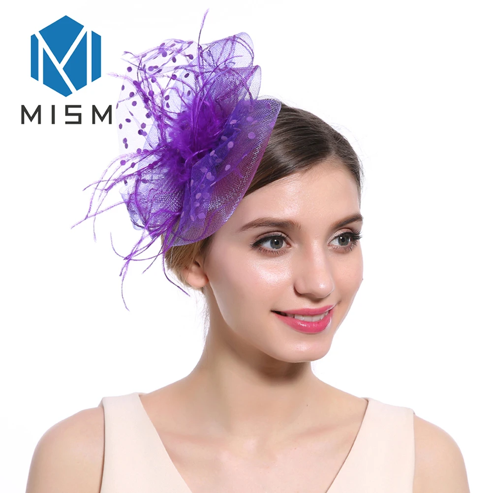 M MISM, женские свадебные аксессуары для волос, Коктейльные, вечерние, в горошек, с вуалью, зажим для волос, перо, кристалл, лист, элегантные резинки для волос - Цвет: Purple