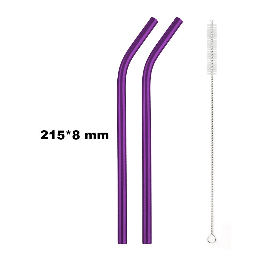 215x8mm Bent 2 шт./компл. фиолетовый 304 из нержавеющей стали, многоразовый металлическая соломинка Экстра Широкий набор смузи соломинки с кисточкой оптом - Цвет: 215x8mm Bent