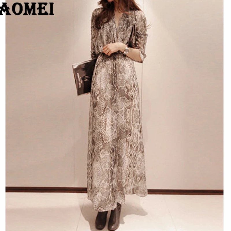 Women Long Sleeve Dress Snake Printed Elastic Waist Chiffon Loose Shirt Dresses Boho Casual Ladies Vintage Robes Spring | Женская одежда