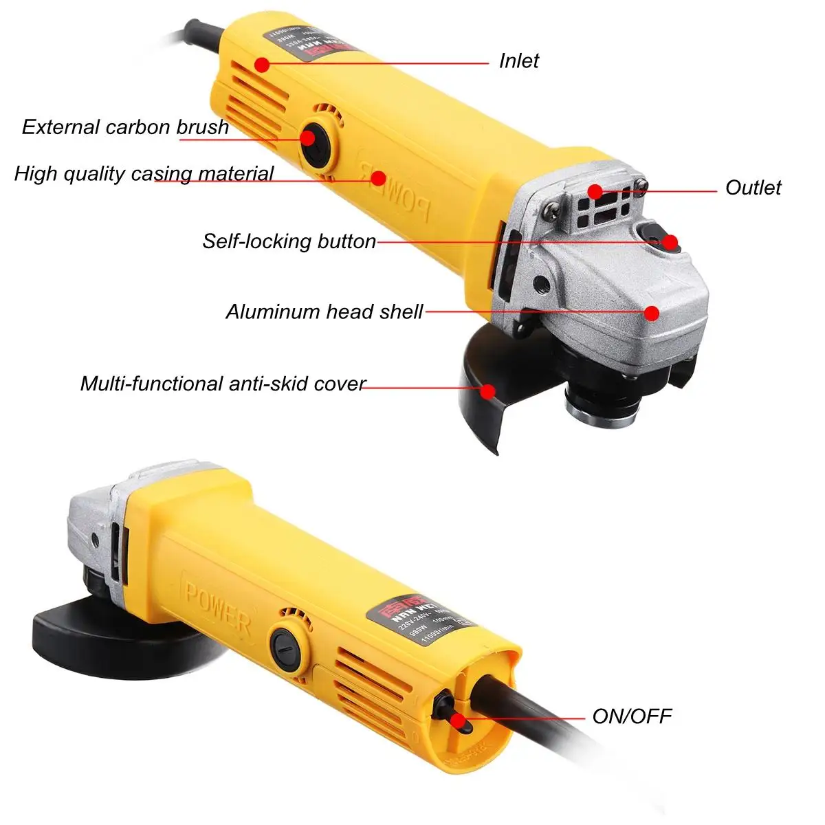 

980W 220V 50Hz Powerful Electric Angle Grinder 11000RPM Grinding Machine Metal Cutting Tool 100mm Adjustable Anti-Slip Handle