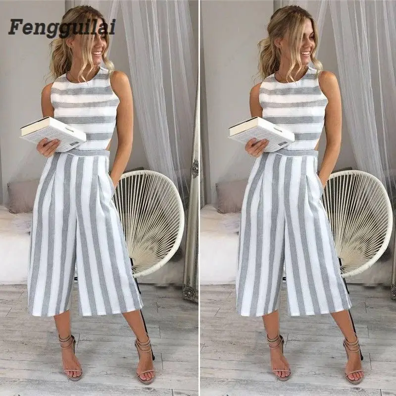 

Women 'S Sleeveless Striped Jumpsuit Casual Loose Trousers Fashionable Leotard Catsuit Combinaison Wide Leg Pants