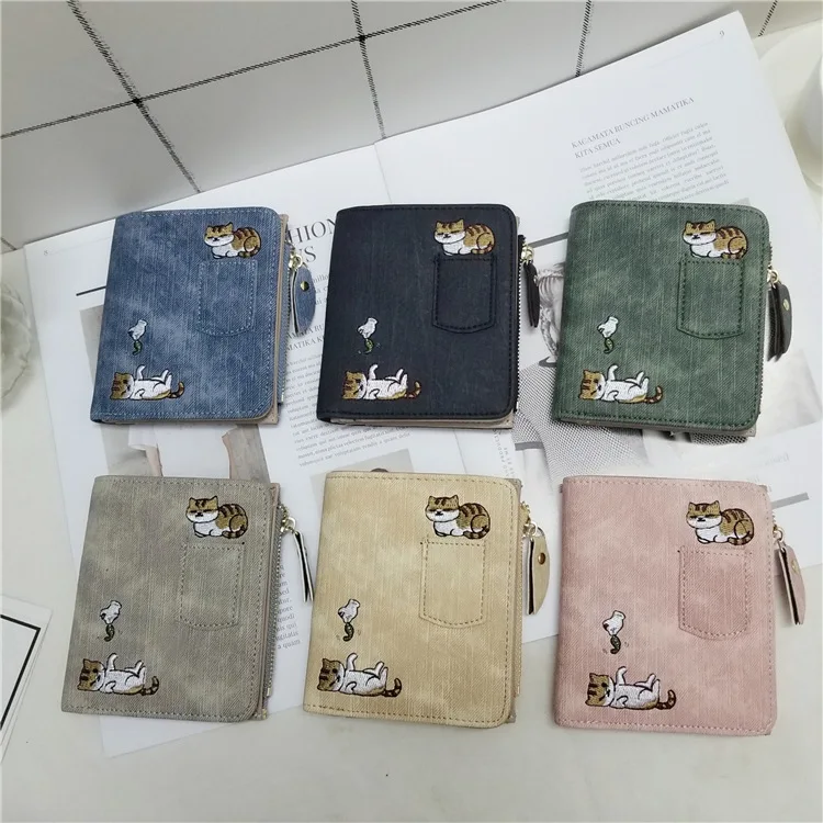 Embroidered Cat Wallet Small Zipper Coin Purse Bag Short Designed Cartoon Wallet Female Ladies Coin Wallet Mini Card Holders images - 6