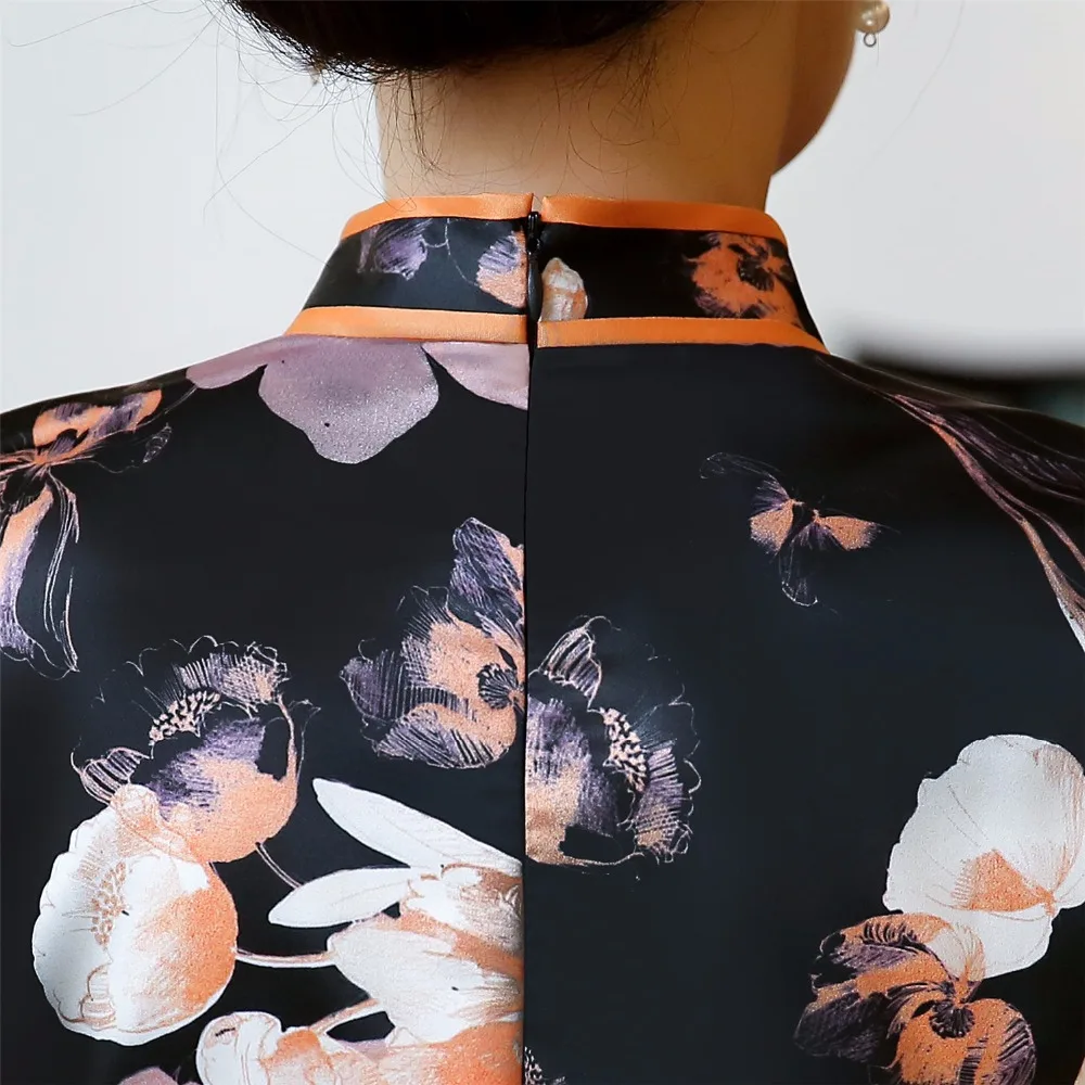 Шанхай история короткое китайское восточное платье Cheongsam черные цветочные Qipao