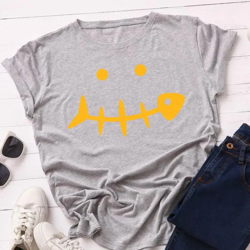 Harajuku/футболка с короткими рукавами рисунком рыбы кости смайлика Женская