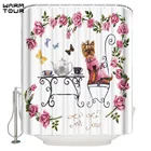 Занавеска для душа, водонепроницаемая, с изображением собаки, йоркширского терьера и розовых роз