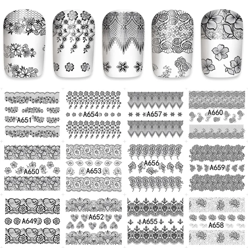 12 листов черные цветы кружевной дизайн ногтей полное покрытие водная копия