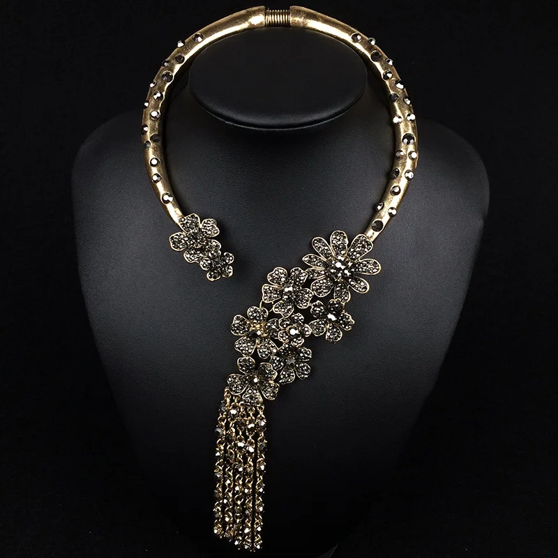 Vintage Ethnic Necklace Women Gold Opening Choker Tribal Female CZ Rhinestone Flower Long Tassel Big Statement | Украшения и