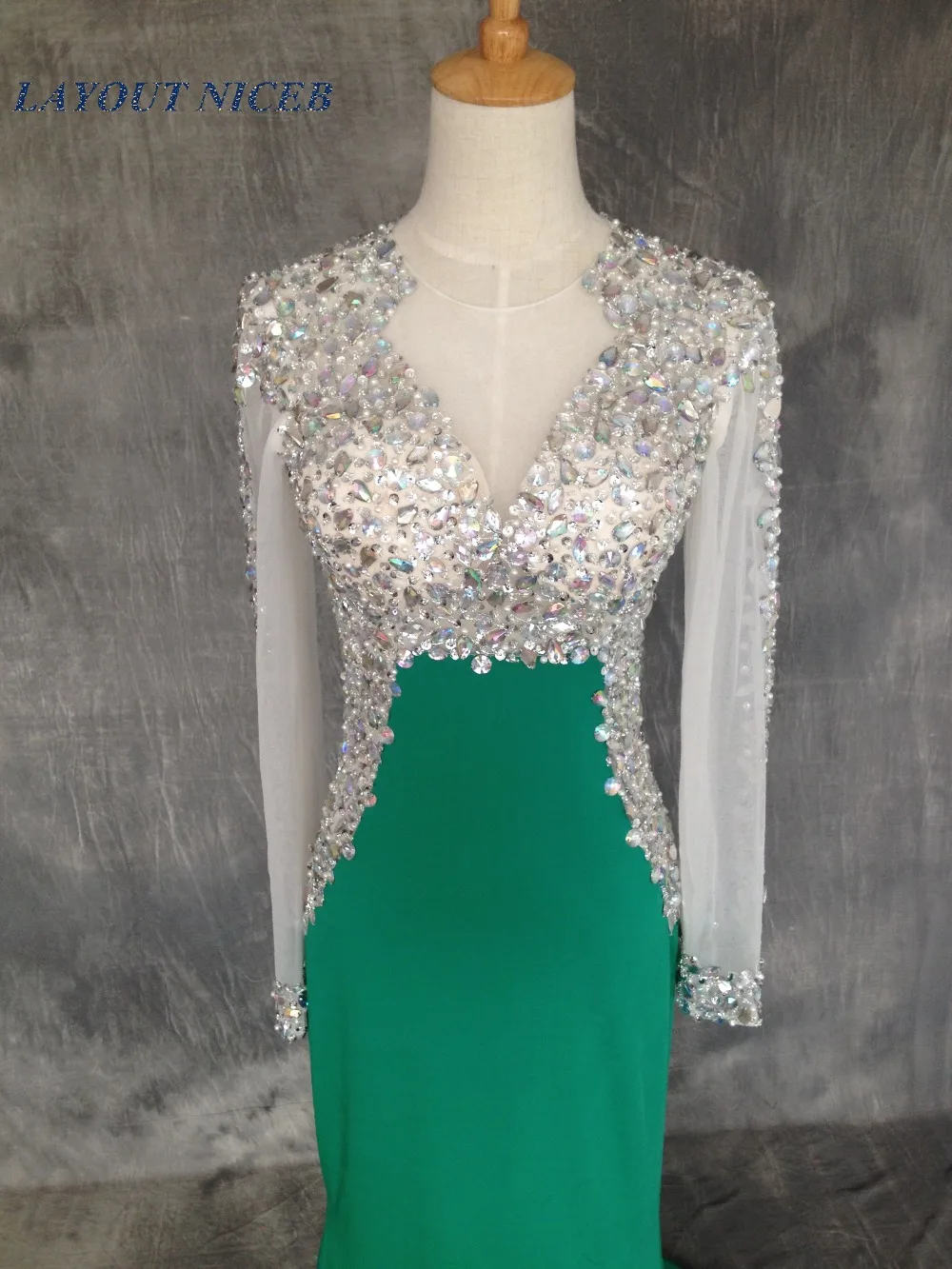 Зеленый vestido de formatura 2015 бриллиантовое выпускное платья с длинным рукавом со