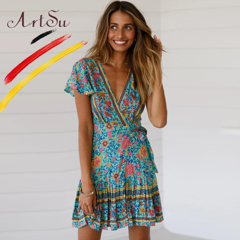 

ArtSu Elegant Holiday Beach Sundress Bohemian Floral Print Women Short Dress V-Neck Ruffle Sexy Bandage Wrap Summer Robe Femme