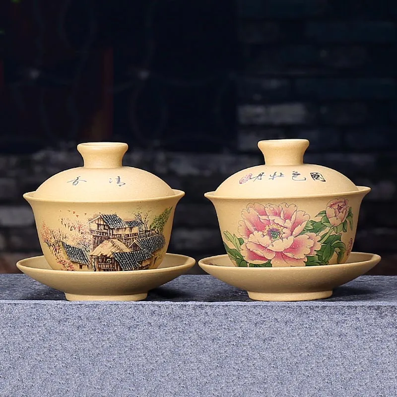 150 мл Authentic фиолетовая глина yixing Gaiwan пион/Пейзаж узор пиалы для чая ручной работы натуральный НЕОБРАБОТАННАЯ руда Сегмент грязи посуда