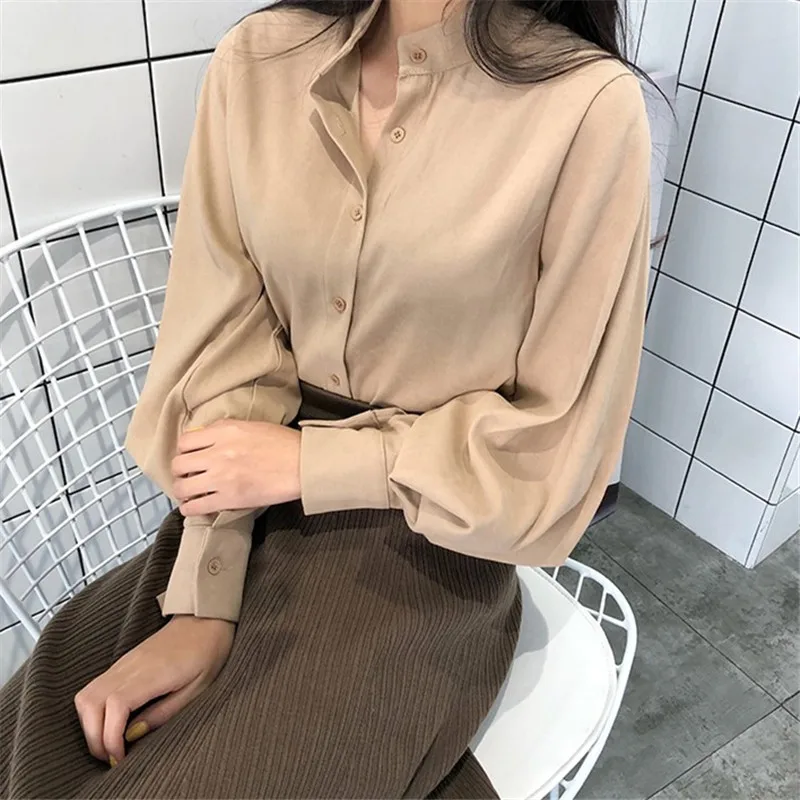 66847 apricot Neploe Корейская Мода Твердые Женские рубашки ретро однобортный стоячий воротник Женский Blusas Весенняя Повседневная Блузка 66847 - Цвет: 66847 apricot