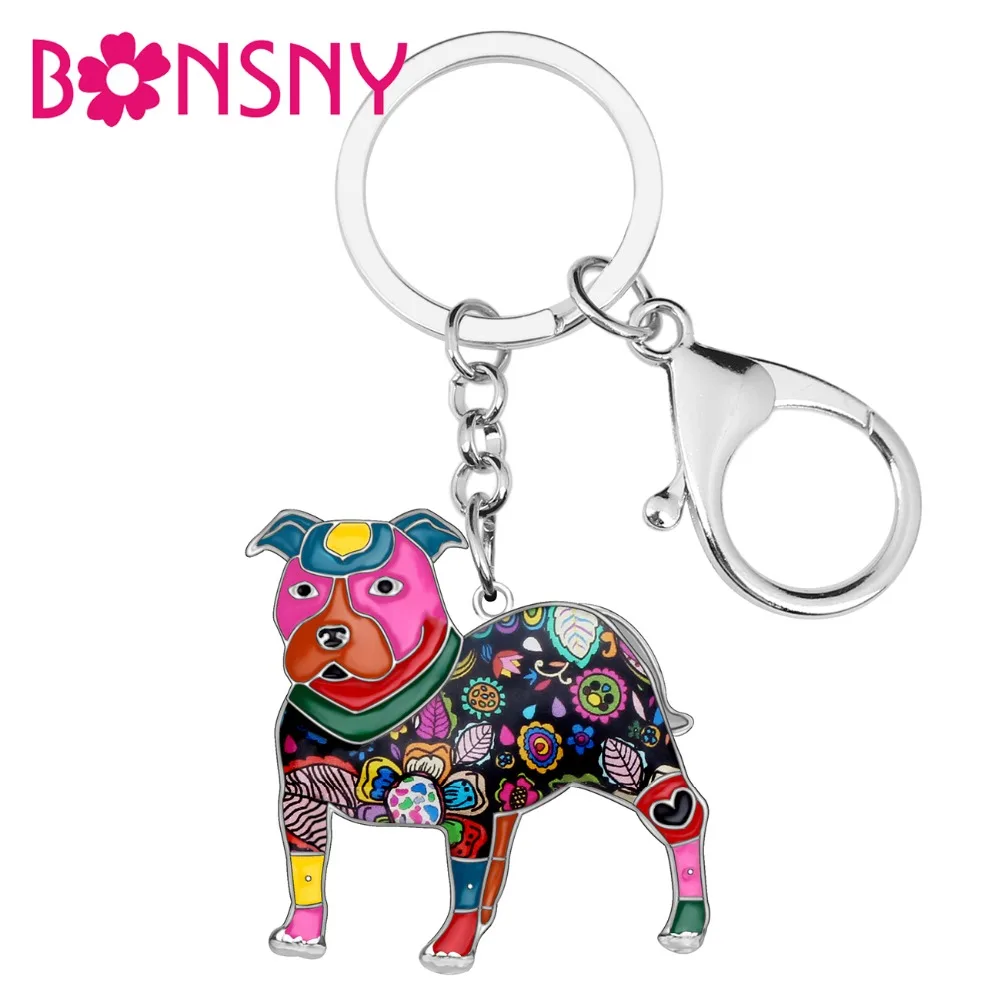 

Bonsny Enamel Alloy Boston Pit Bull Terrier Dog Key Chain Keychains Rings Gift For Women Girls Pet Lovers Bag Car Charms Pendant