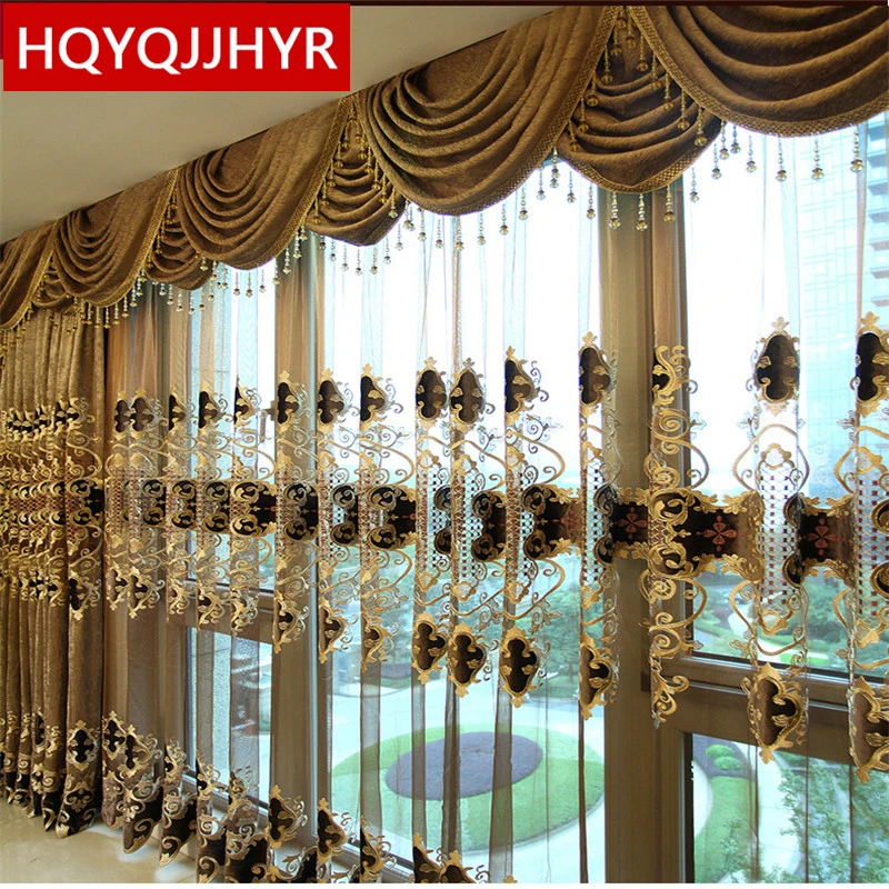 

European luxury King Queen brown embroidered gold curtains for the living room with the sheer luxury hotels suitable for bedroom