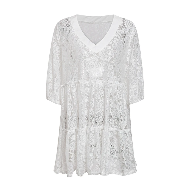 Sexy deep v-neck lace hollow out women dress 2019 Elegant lantern sleeve embroidery short mini White party vestidos | Женская одежда