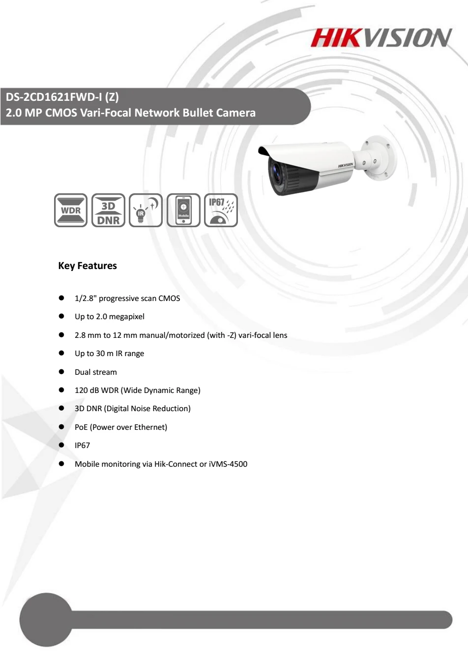 DS-2CD1621FWD-IZ New Hik 2MP Bullet IP camera similar to DS-2CD2625F-IZ motorized vari-focal Lens security Camera H.264+ 30m IR |
