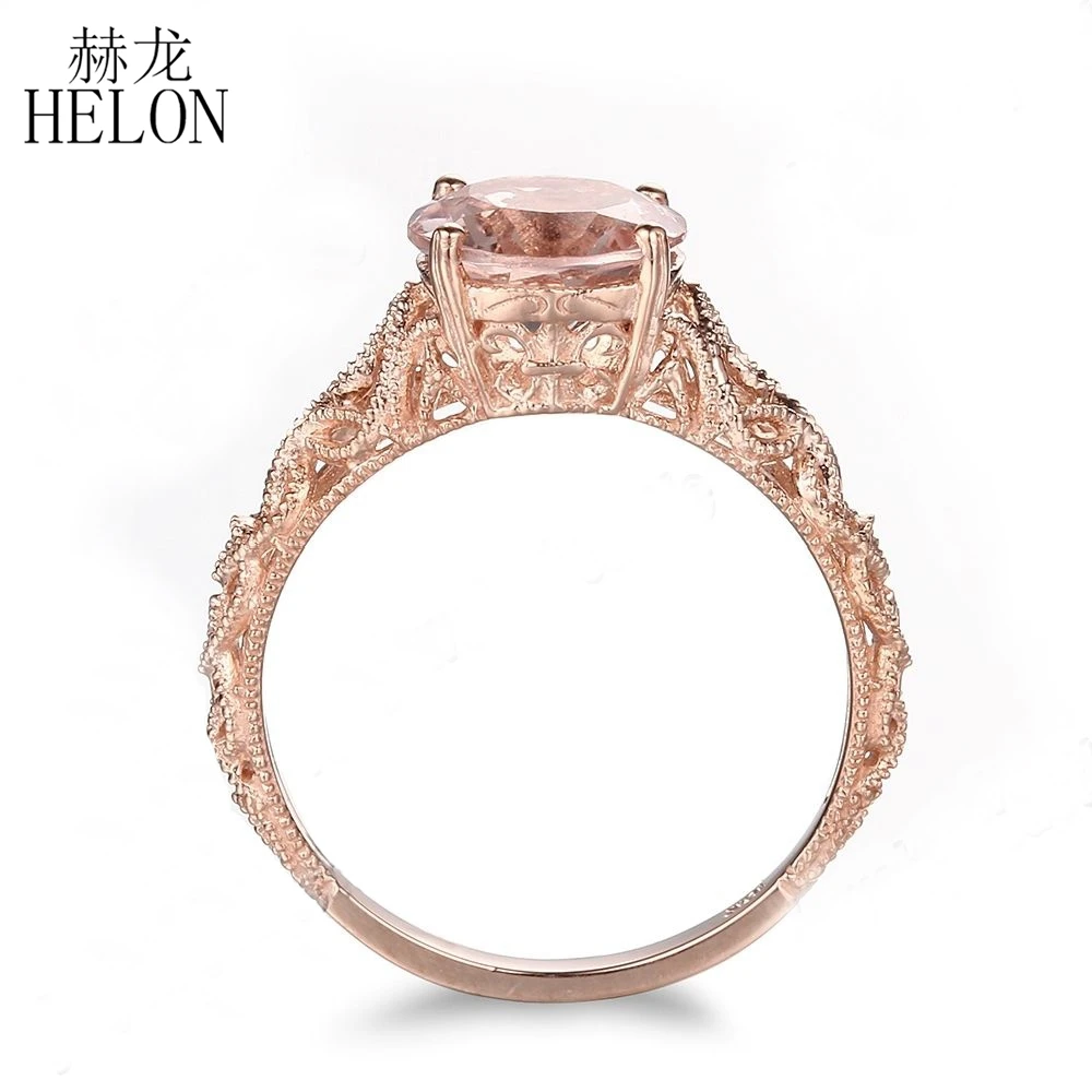 

HELON Sterling Silver 925 Round 8mm 100% Genuine Natural Morganite Gemstone Ring Engagement Wedding Vintage Antique Jewelry Ring