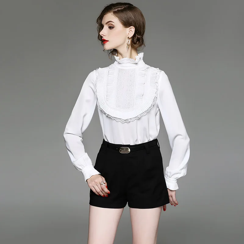 

2018 New Spring Long Sleeve Turtleneck Shirt Female Temperament Retro Ruffles Blusa Feminino Loose Female Work Wear White Black