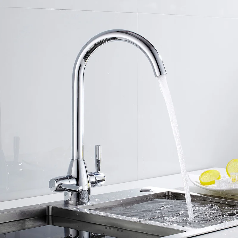 Contemporary Kitchen Faucet Cold and Hot Water Chrome Kitchen Tap 360 Degree RotateTwo Handles Swivel Spout Sink Mixer Tap