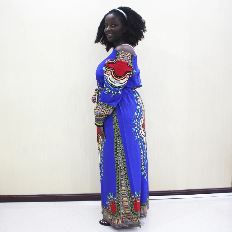 2019 модное Африканское Дашики с открытыми плечами и длинным рукавом синее
