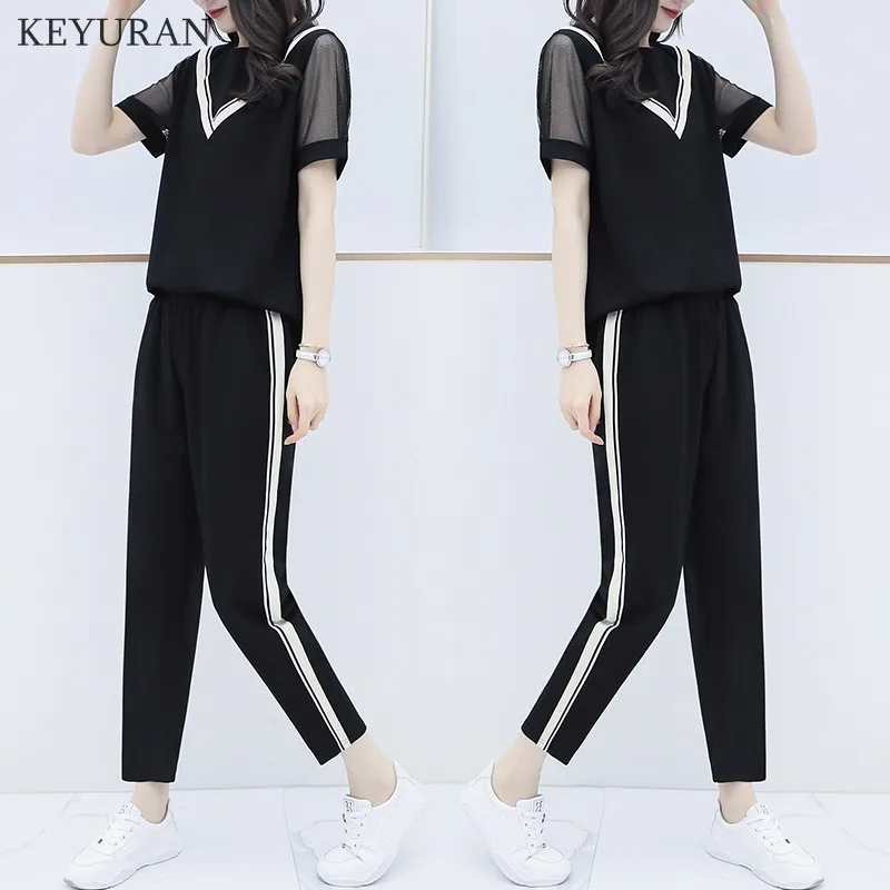 XL-5XL Лето 2019 г. полосатый лоскутное комплект из двух предметов для женщин футболка