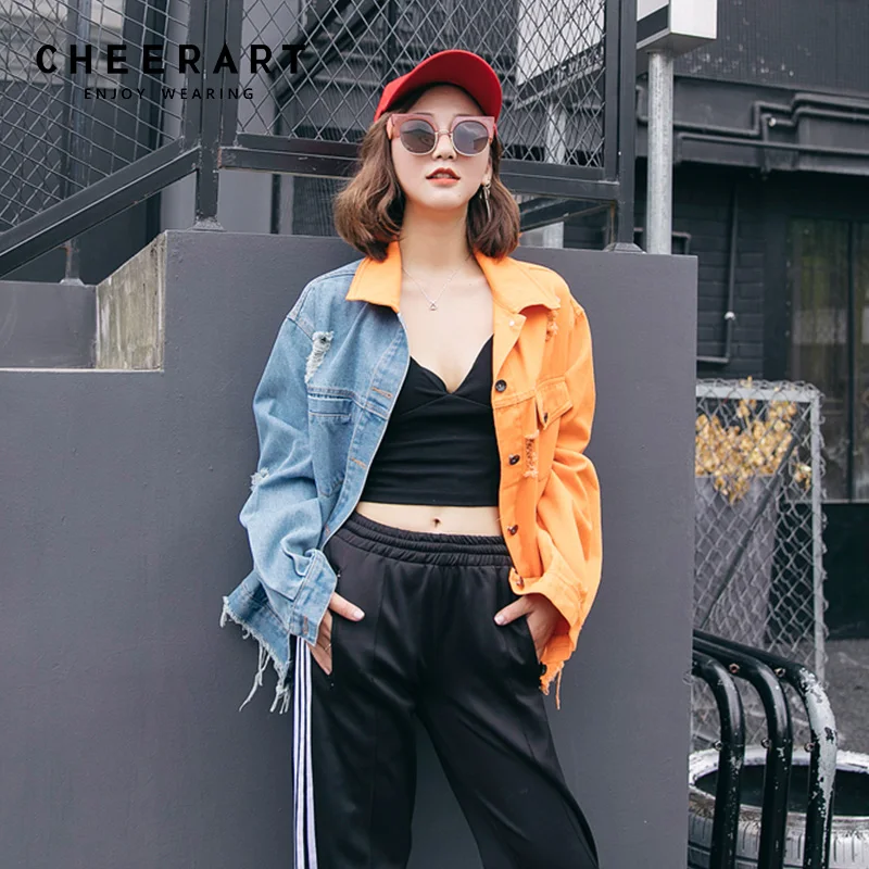 Женская джинсовая куртка Cheerart рваная с длинным рукавом пальто уличная одежда