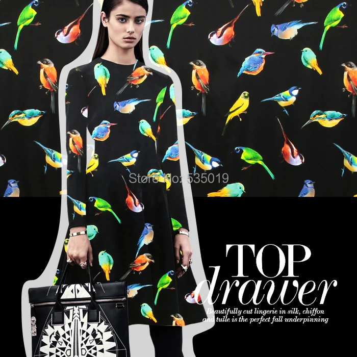 Telas 2017 новая мода широкоформатная птица цифровая печать шелковая ткань