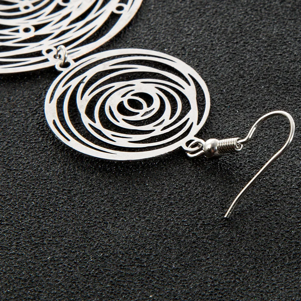 ISHOW Antique Silver Plated Round Copper Sheet Hollow Rose Flower Chain Necklace and Dangle Drop Earrings Jewelry Set for Women | Украшения