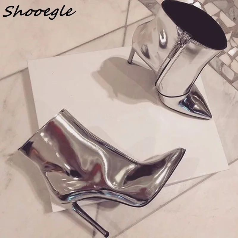 SHOOEGLE Модные металлические кожаные ботильоны с острым носком на высоком каблуке