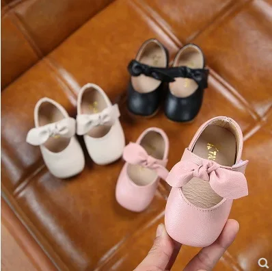 Туфли принцессы Детские с бантом водонепроницаемые розовые черные кожаные туфли