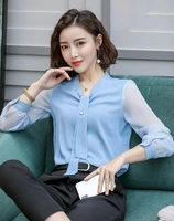 novelty blue 2019 spring summer chiffon blouses and shirts for women business work wear female tops clothes uniform styles