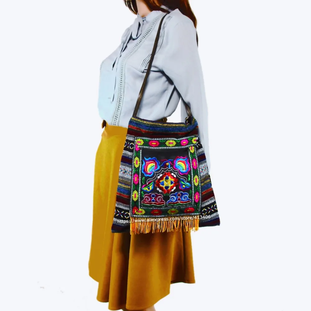 Фото Винтажная Этническая тайская сумка-мессенджер Hmong через плечо в стиле бохо, Льняная сумка ручной работы с вышивкой, гобелен 1009A №2