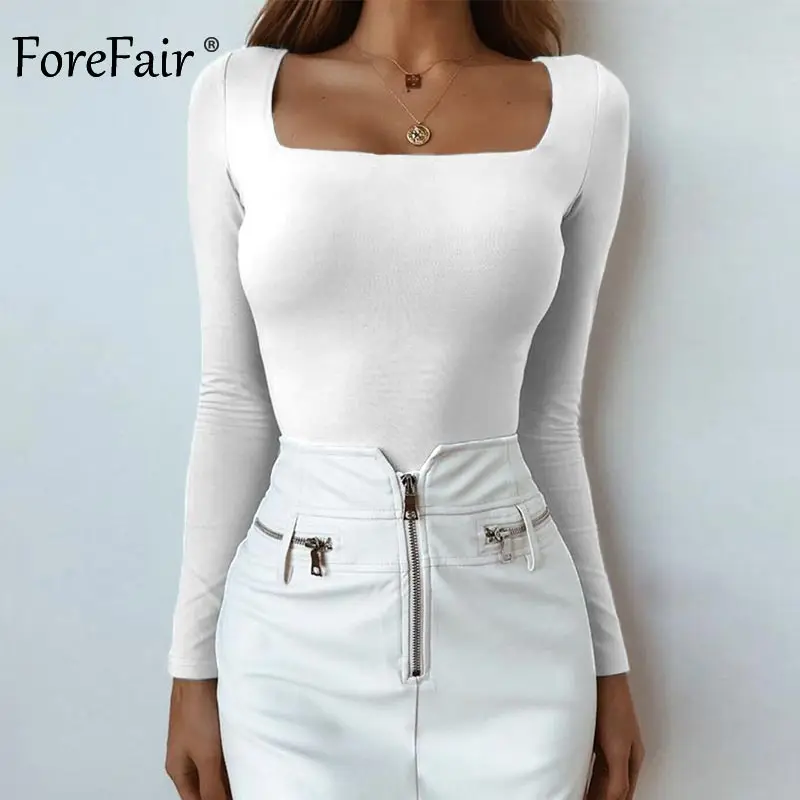white shirt Forefair футболка с длинным рукавом Сексуальная черная белая квадратная горловина Осень Harajuku Корейская обёрточная бумага однотонная облегающая Базовая футболка женская - Цвет: white shirt