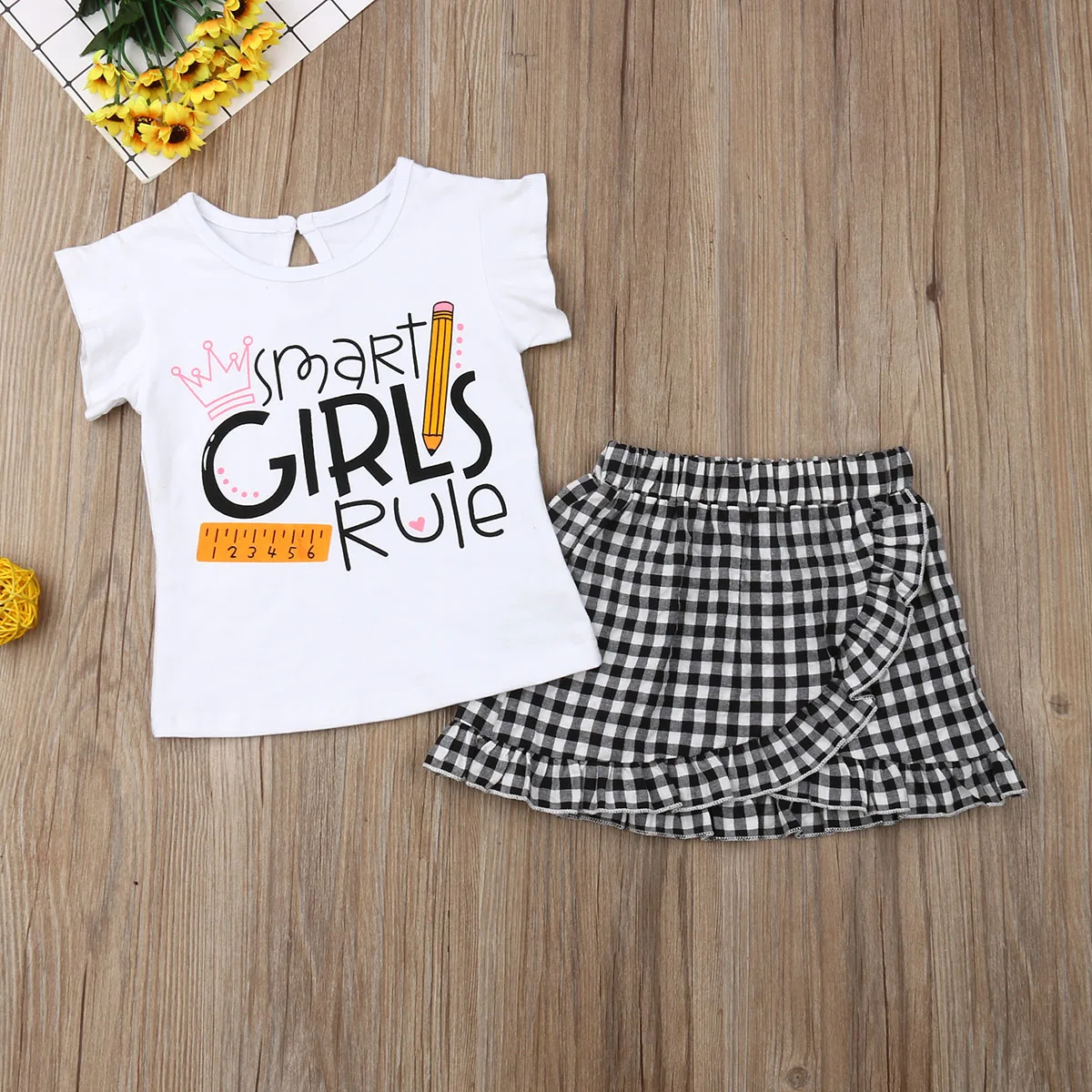 Toddler Baby Girl Clothes Set 2019 New Kids Summer Tops T-shirt + Ruffle Short Plaid Skirts Outfit Children | Детская одежда и