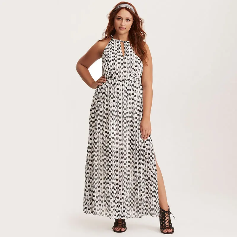 Женское длинное шифоновое платье-макси с круглым вырезом без рукавов эластичной