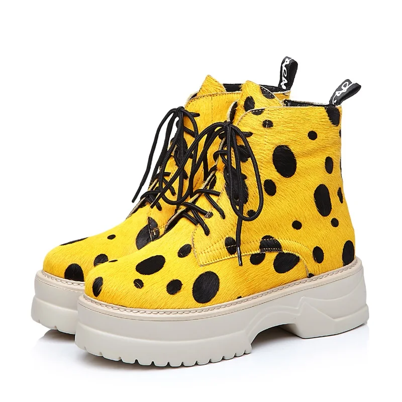 yellow ZVQ/Новые модные зимние женские ботильоны с круглым носком женская обувь с перекрестной шнуровкой на высоком квадратном каблуке и платформе обувь черного и желтого цвета - Цвет: yellow