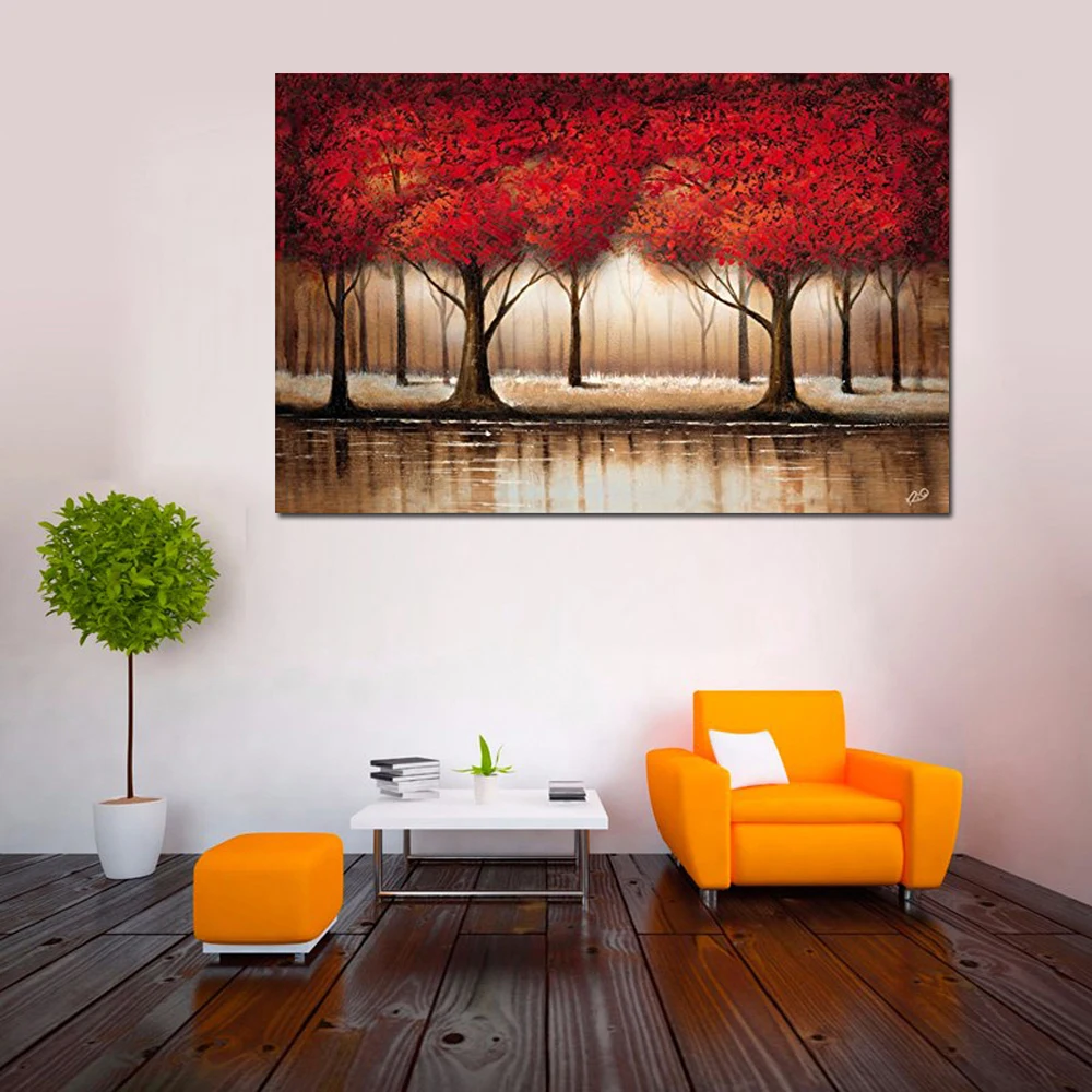 large long 100% Hand-painted 3d Modern red flower Oil Painting on Canvas landscape pictures wall Decoration for Living room | Дом и сад