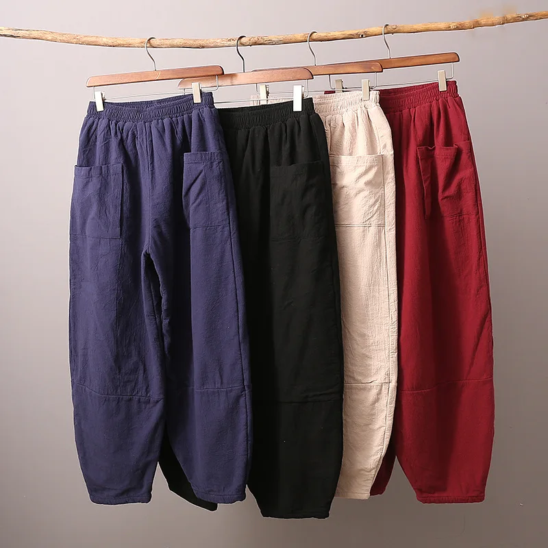 New women big size ramie trousers winter cotton linen wide pants cotton padded warm bottom top quality clothes for women