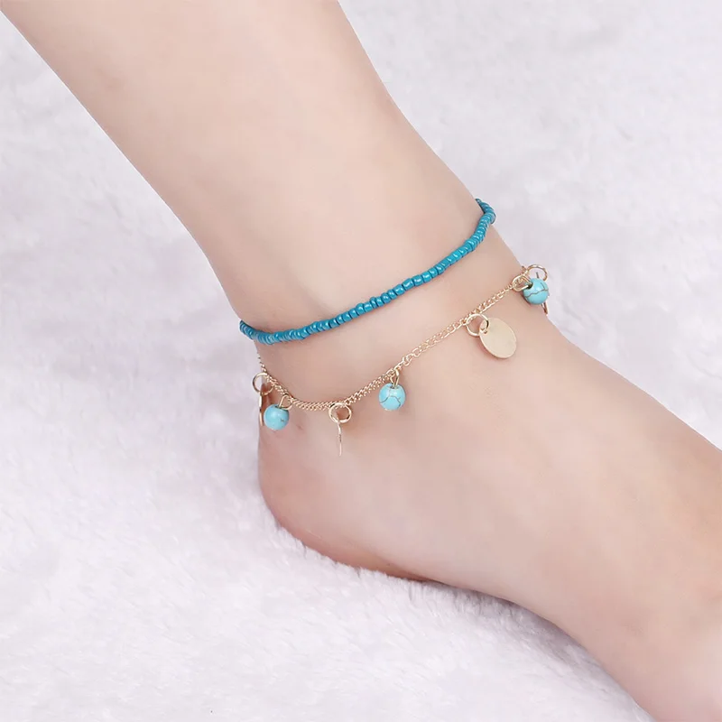 Женский многослойный винтажный браслет на лодыжку пляжный с подвеской в виде