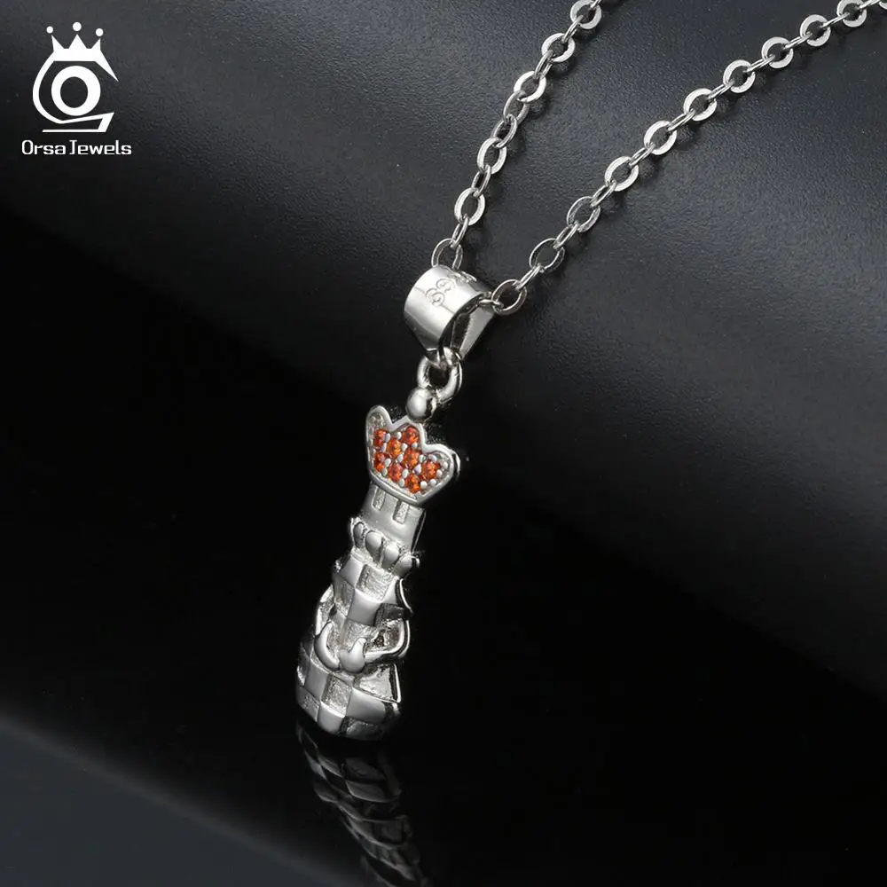 ORSA JEWELS Стерлинговое Серебро 925 женское ожерелье s Красный AAA циркон шахматы маленькая Мужская подвеска серебро прекрасное ювелирное ожерелье OSN131