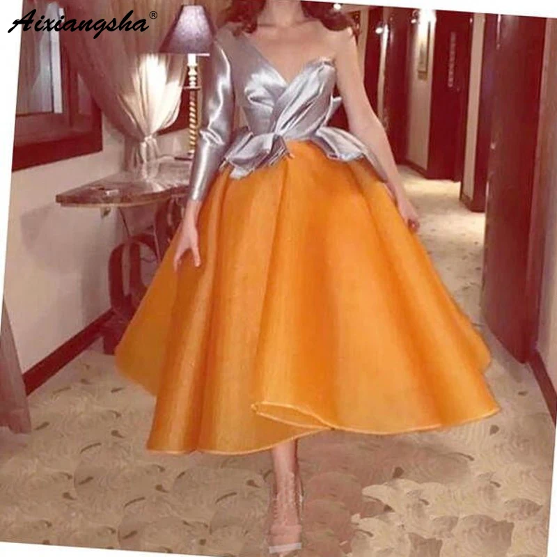 

Elegant Cocktail Dresses Orange Puffy robe de soiree Tea-Length vestido de noiva Pageant Party Gown Homecoming Dresses