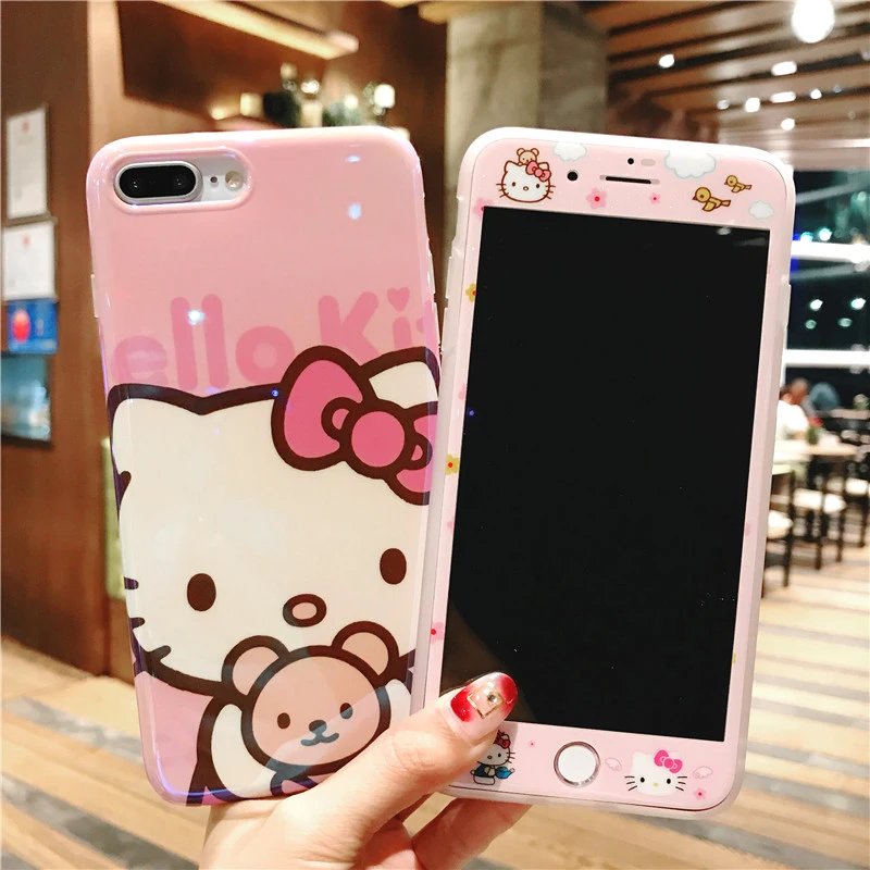 Cute hello Kitty case For iPhone 8 8Plus Tempered Glass Screen film &amp blue ray KT soft Cover for X 7 7plus 6 6S 6SPlus |