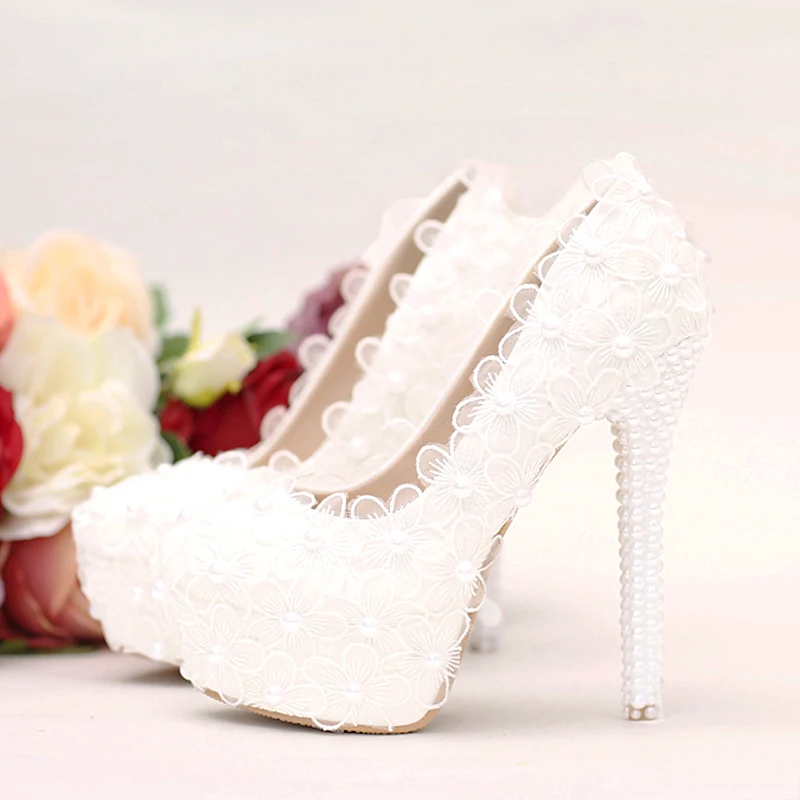 

Platform High Heels 14cm Women Wedding Shoes White Pearl Bride Stiletto Pumps Lace Flower Ladies Sexy Party Shoes Women Footwear