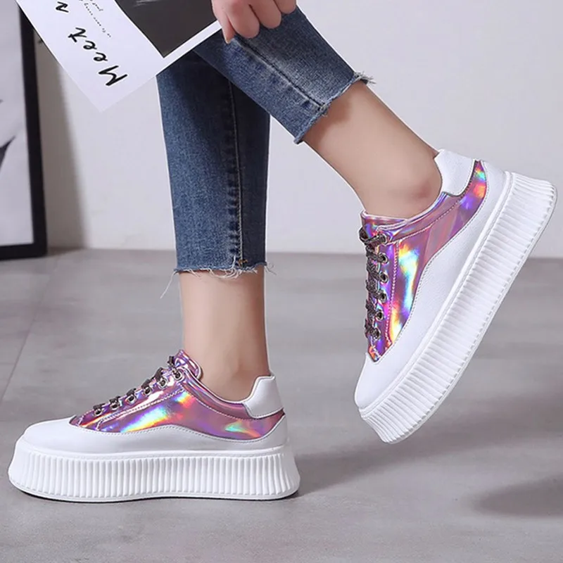 2019 New Creeper Sneakers Women Casual Shoes Bright Leather PU Lace-up Wedge Air Platform Pink Silver Chunky Woman | Обувь