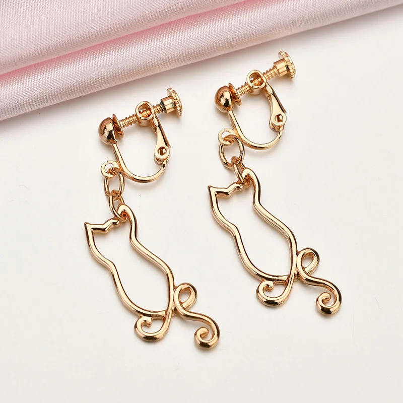 Lovely Gold Sliver Color Cute Cat Animal Clip Earrings Without Piercing For Women Fashion Long Drop Ear Cuff Jewelry | Украшения и